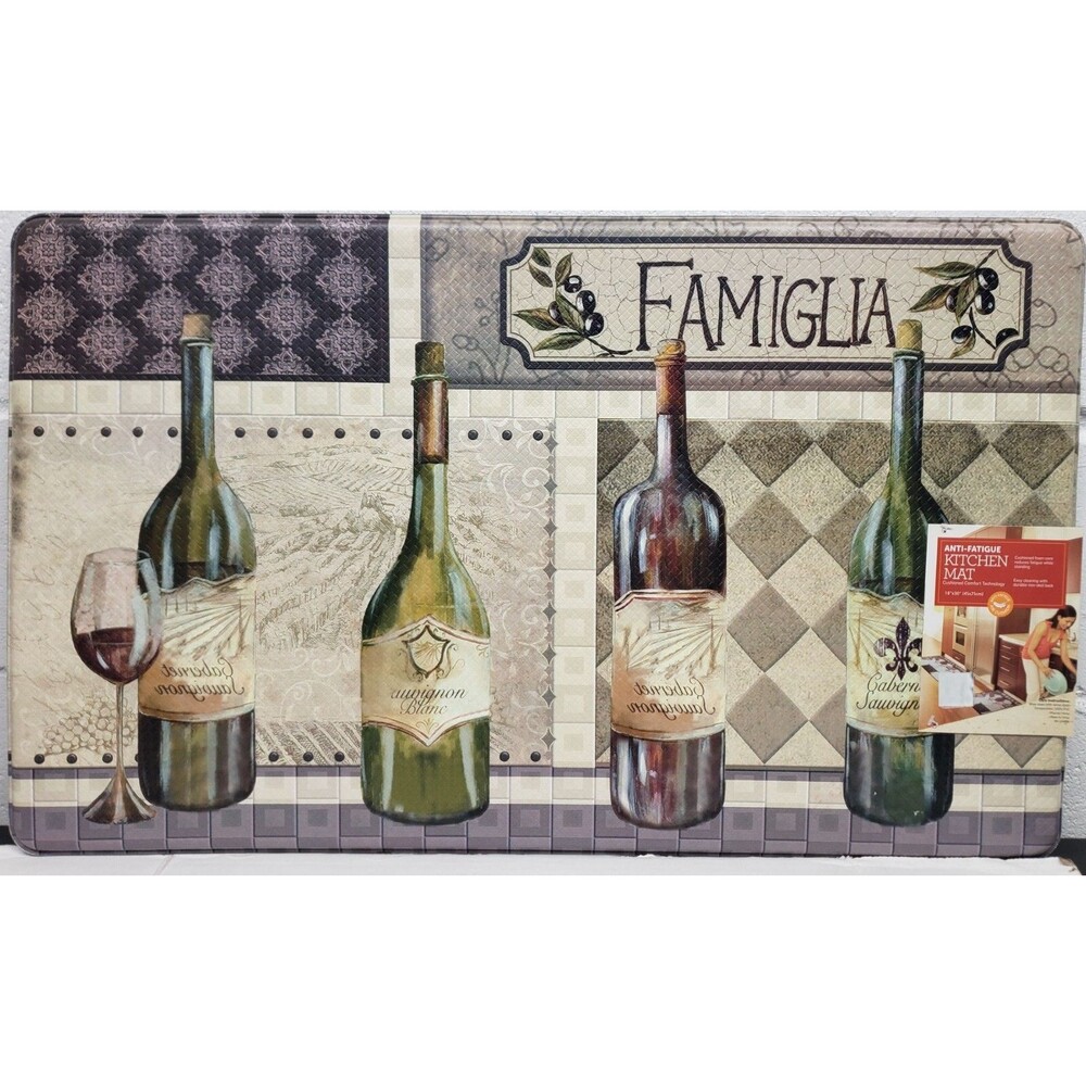 ANTI-FATIGUE NON SLIP FLOOR MAT (18"x30")PVC,4 WINE BOTTLES & GLASS,FAMIGLIA, PH